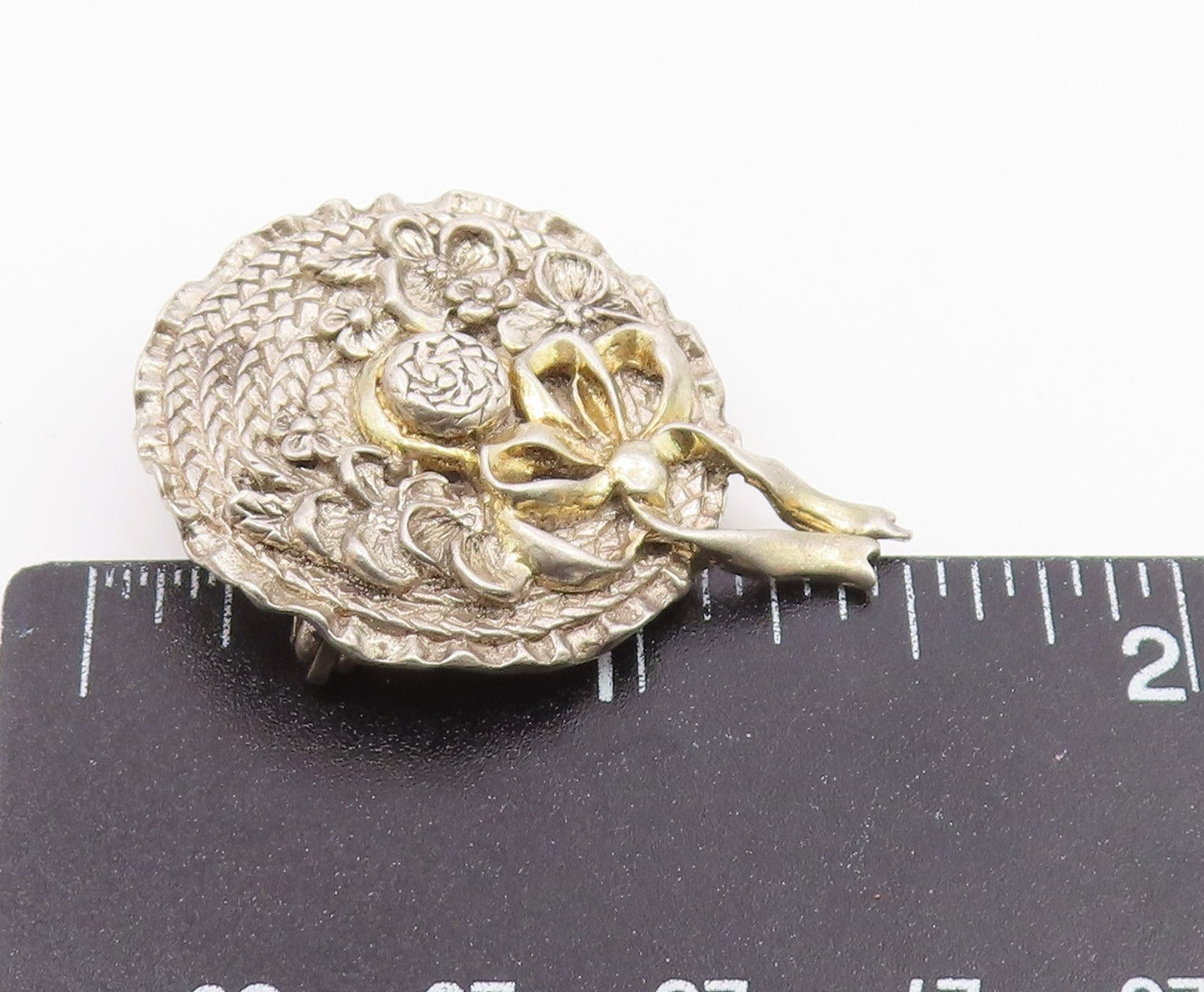 925 Sterling Silver  Vintage Shiny Floral Bow Tied Ribbon Brooch Pin  BP7805