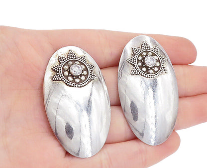 925 Sterling Silver  Vintage Cubic Zirconia Floral Detail Drop Earrings EG2851