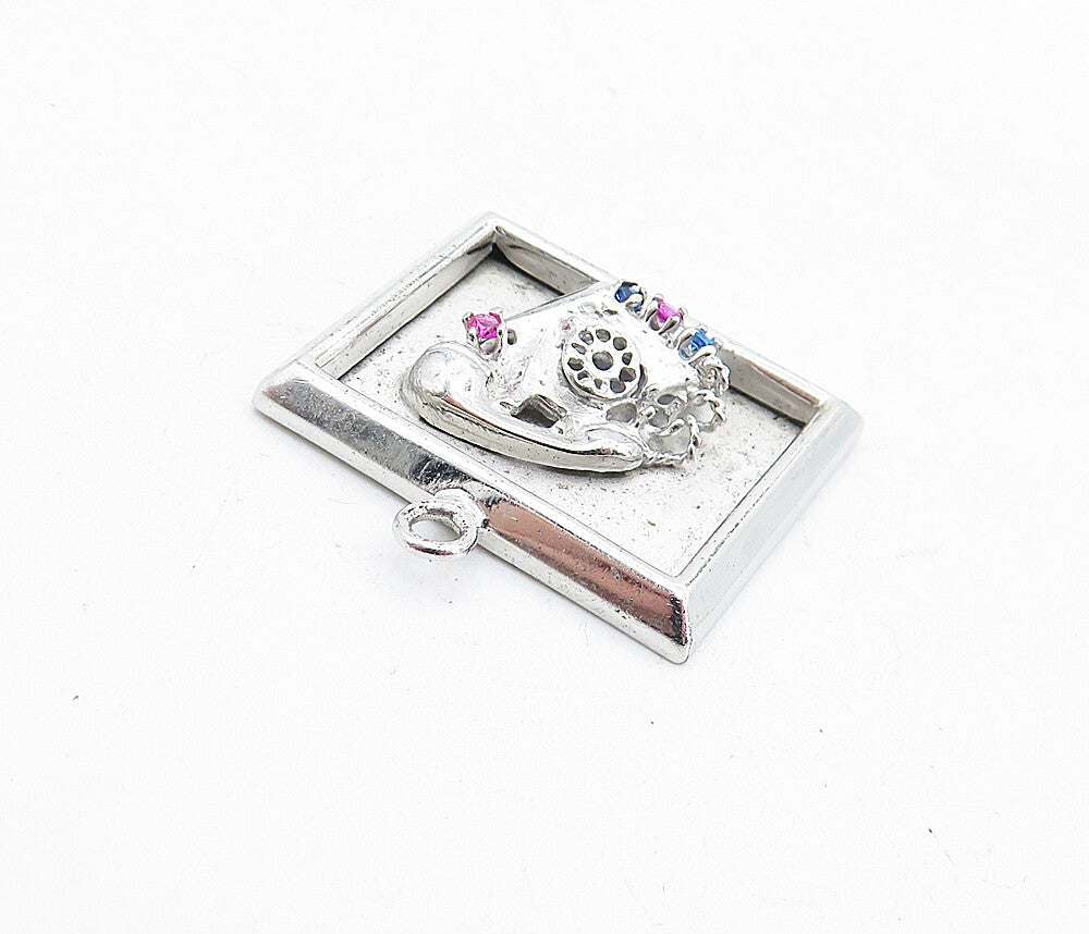 925 Sterling Silver  Vintage Pink & Blue Topaz Telephone Motif Pendant  PT3961