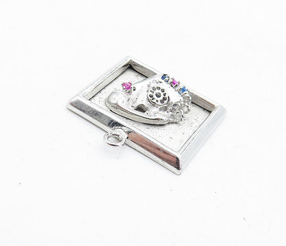 925 Sterling Silver  Vintage Pink & Blue Topaz Telephone Motif Pendant  PT3961