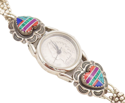 NAVAJO 925 Silver  Vintage Multicolor Inlay Stones Heart & Beaded Watch TR3563