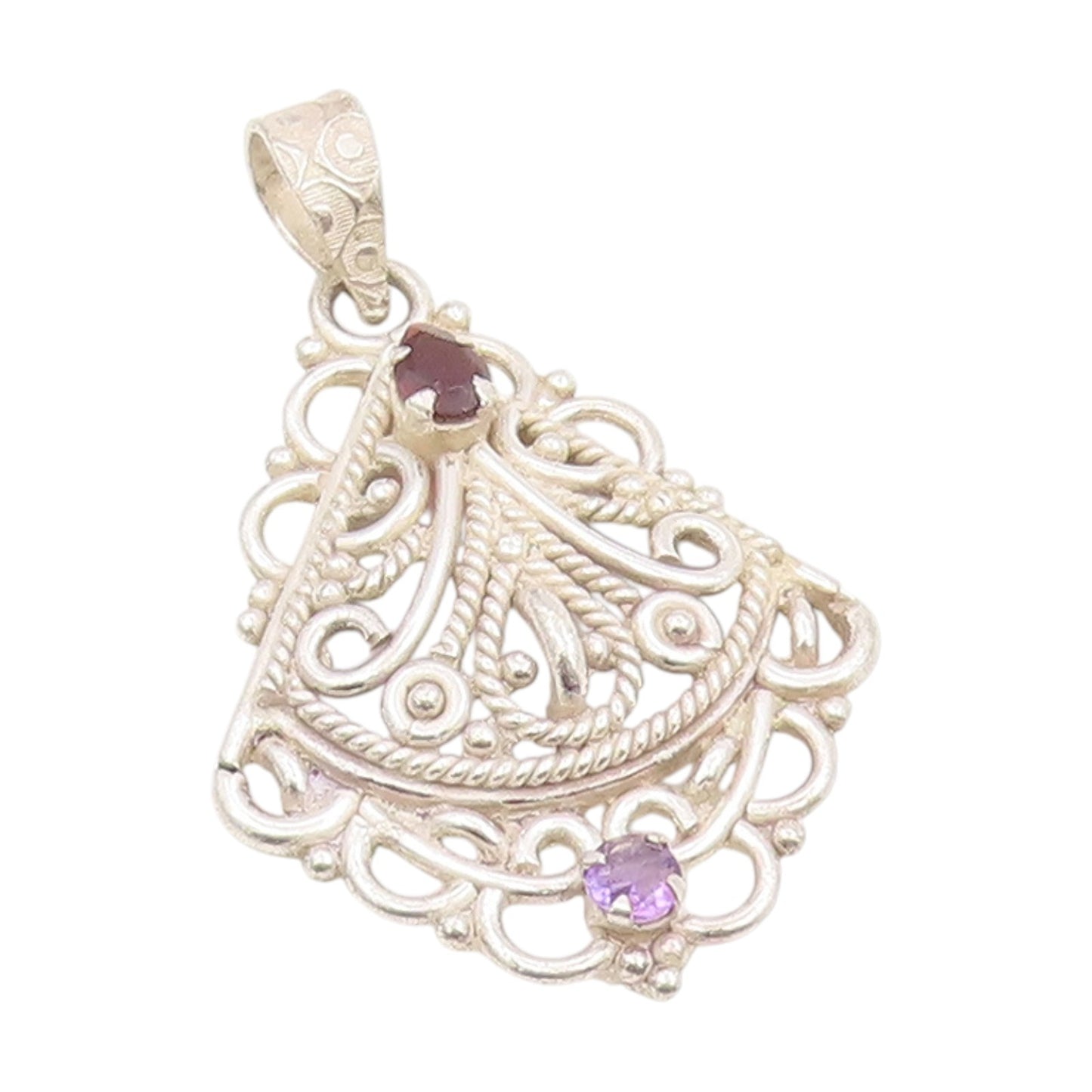 925 Sterling Silver Vintage Pendant Garnet & Amethyst Open Scrollwork  PT25793
