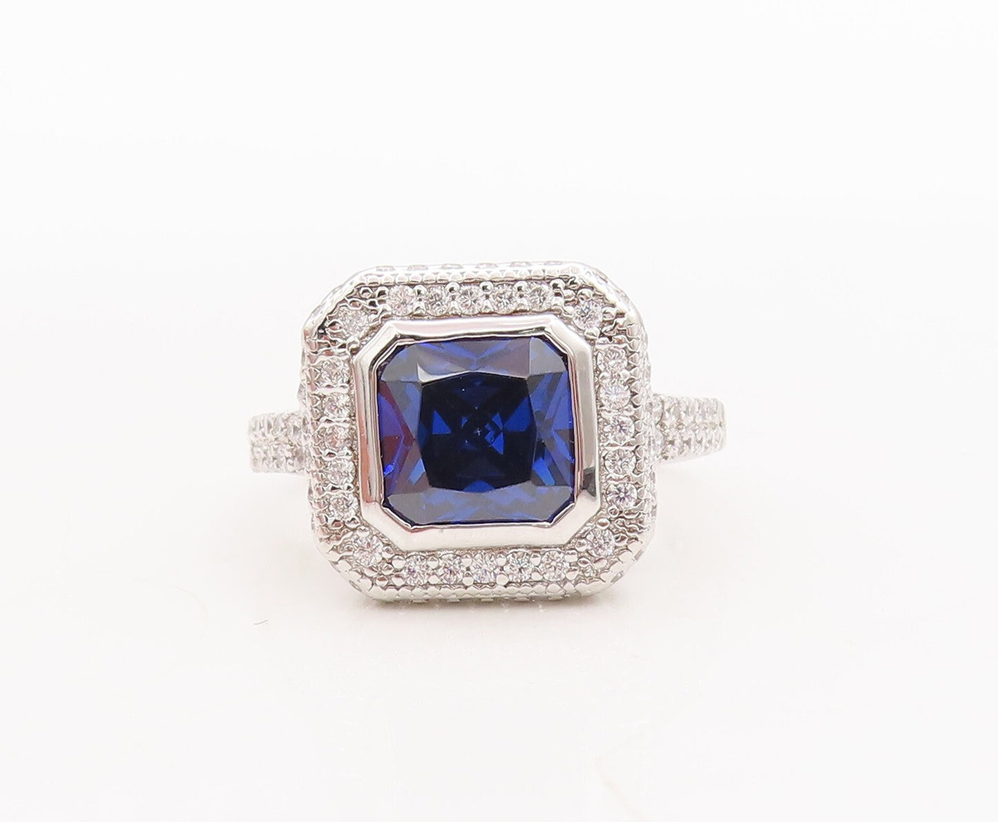 925 Sterling Silver Vintage Ring Square Cut Sapphire CZ Inlay Frame Sz 7 RG29793