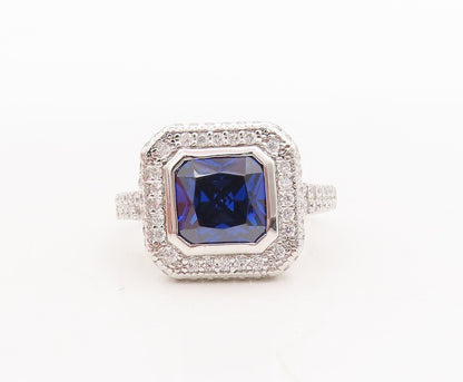 925 Sterling Silver Vintage Ring Square Cut Sapphire CZ Inlay Frame Sz 7 RG29793