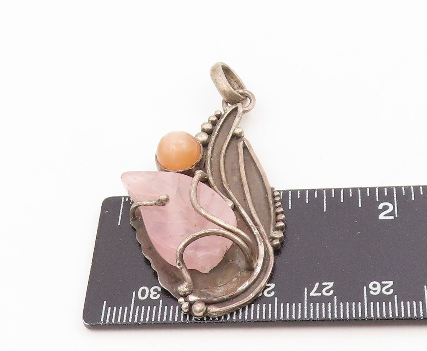 925 Sterling Silver Vintage Pendant LIZ RON Rose Quartz & Moonstone  PT25254