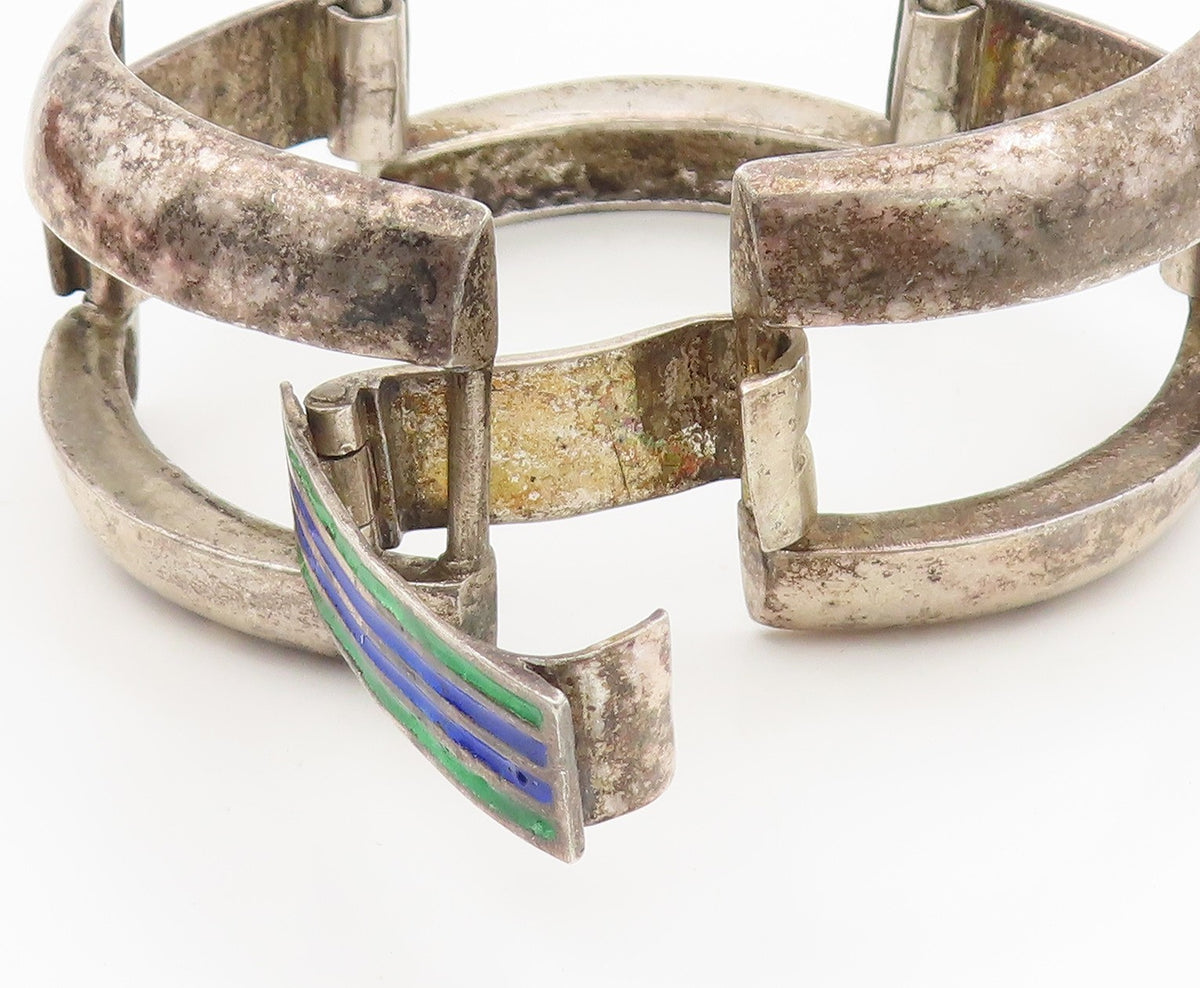 925 Sterling Silver Vintage Bracelet EUROPE Enamel Striped Panel Link  BT11522