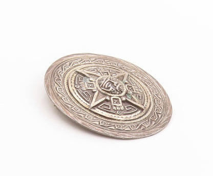 925 Sterling Silver Vintage Brooch MEXICO Circular Aztec Mayan Calendar  BP11814