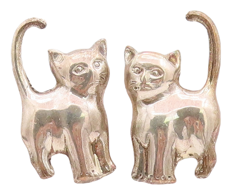 925 Sterling Silver Vintage Earrings Solid Carved Shiny Cats  EG13260