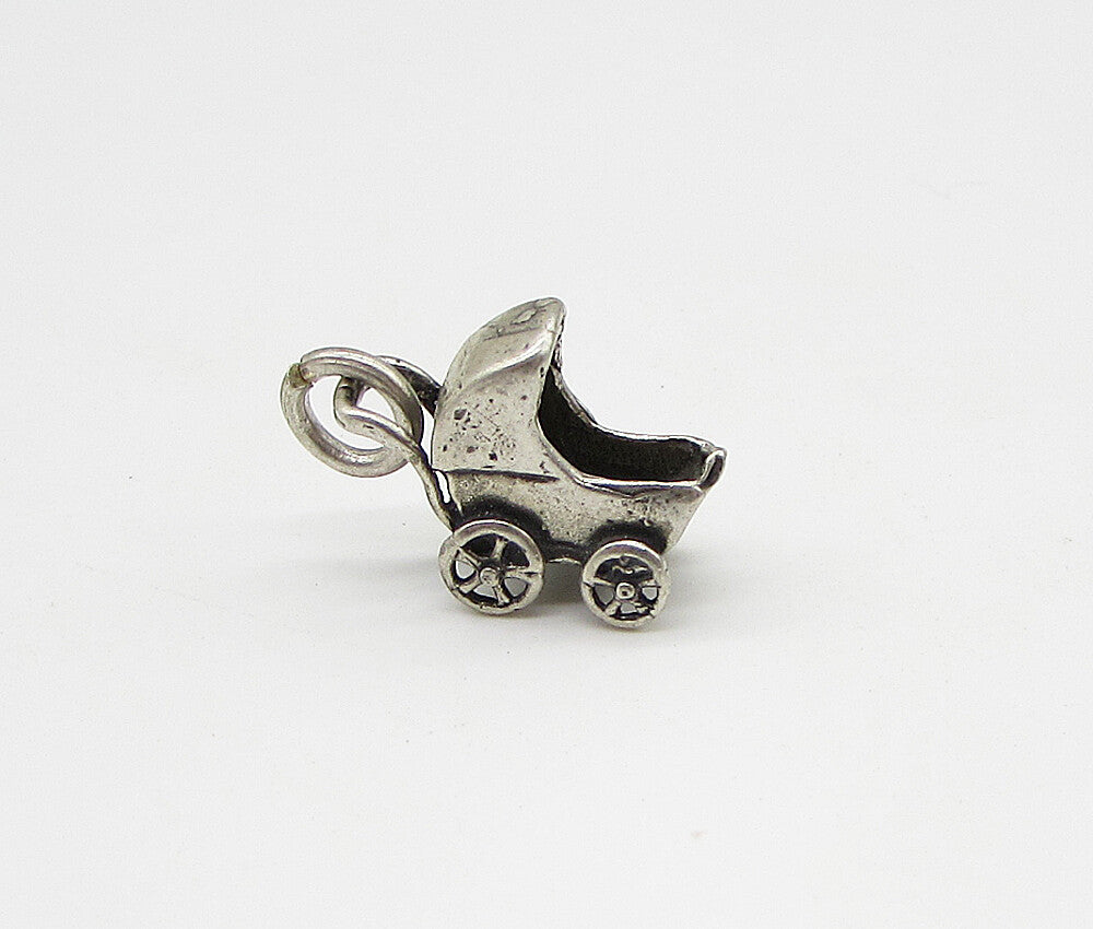 925 Sterling Silver  Vintage Baby Stroller Charm Pendant  PT1880