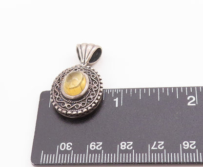 925 Sterling Silver Vintage Pendant Dark Tone Etched Oval Citrine Charm  PT24863
