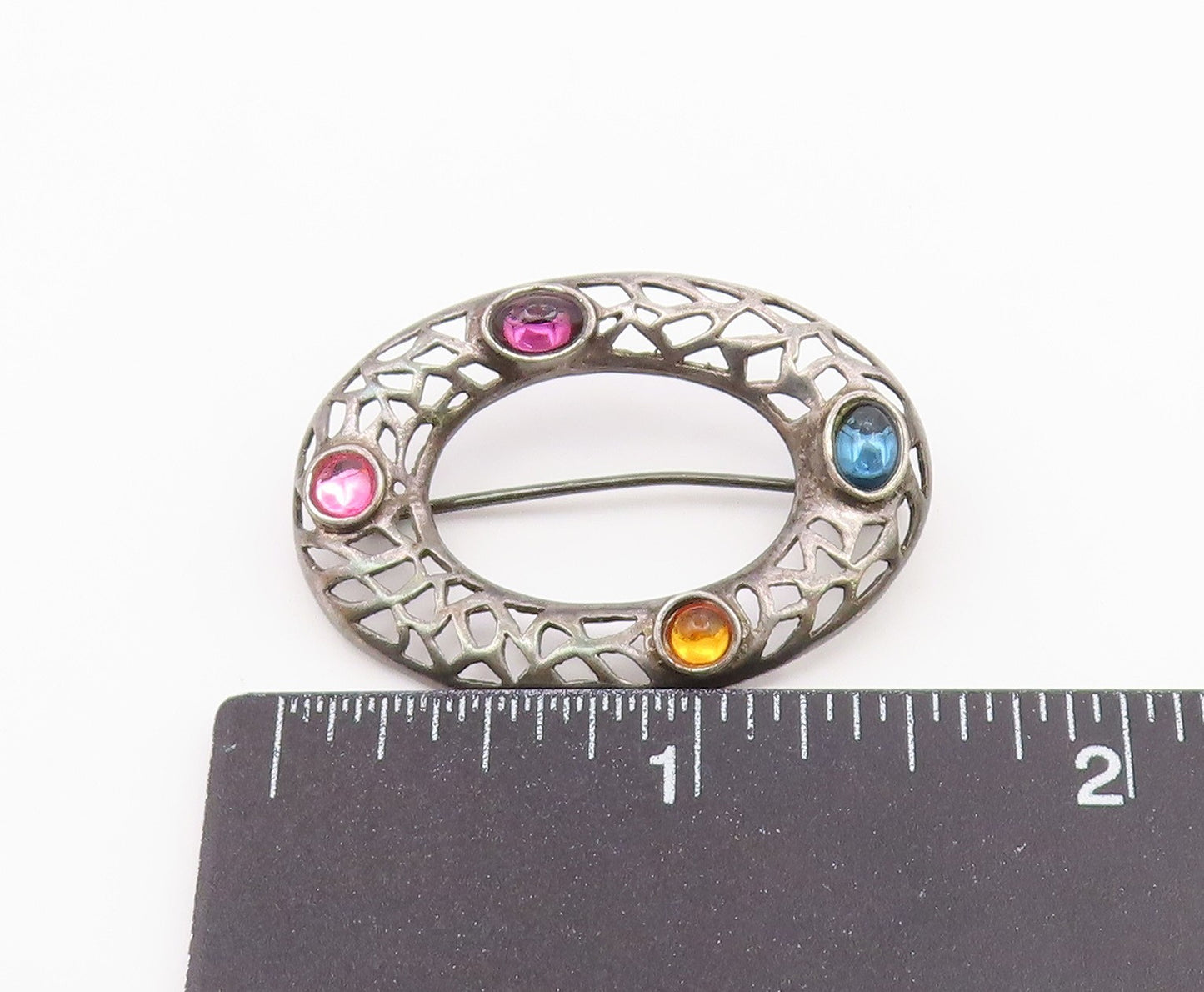 925 Silver  Vintage Cabochon Topaz Amethyst & Stones Oval Brooch Pin  BP10167