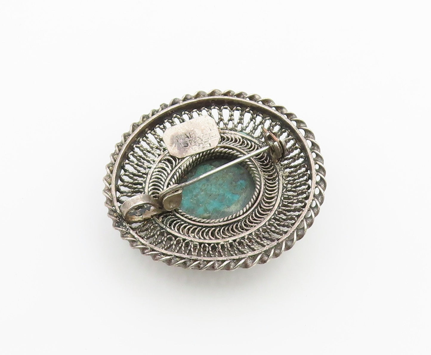 ISRAEL 925 Silver  Vintage Malachite Halo Filigree Floral Brooch Pin  BP10403
