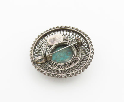 ISRAEL 925 Silver  Vintage Malachite Halo Filigree Floral Brooch Pin  BP10403