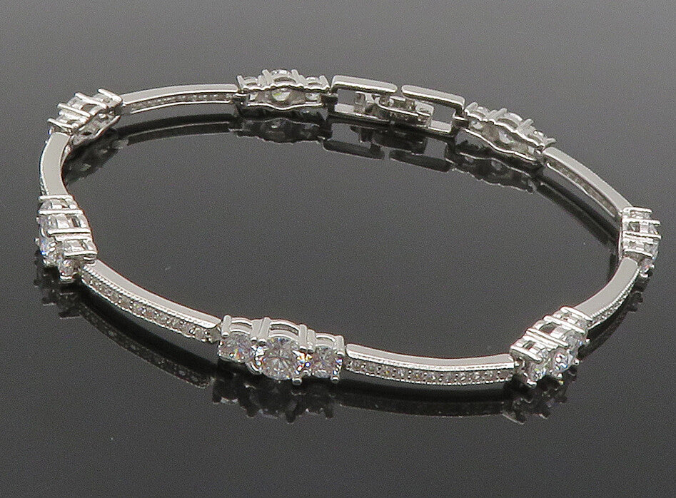 925 Sterling Silver  Sparkling Cubic Zirconia Bar Link Chain Bracelet  BT4843