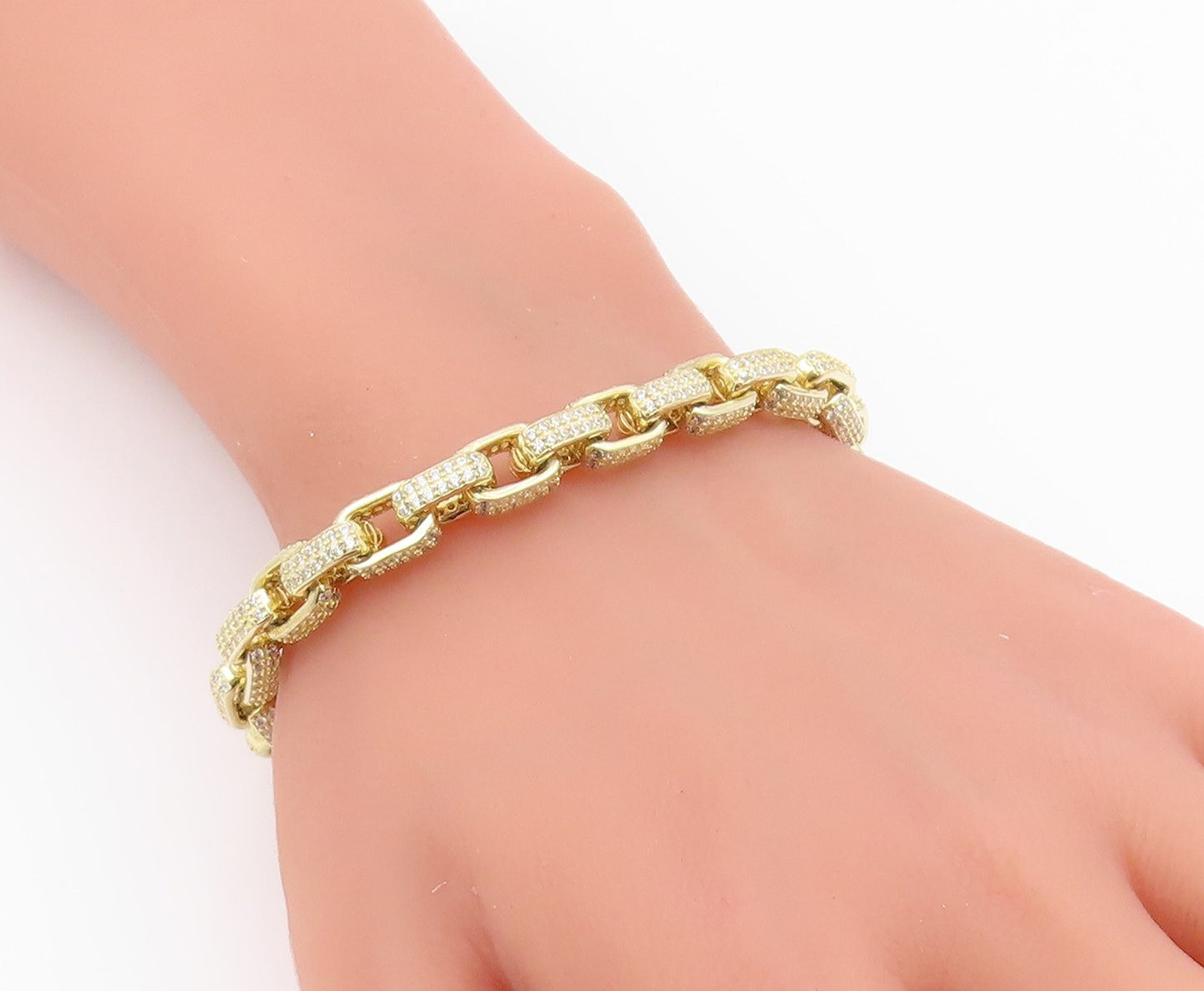 925 Sterling Silver Vintage Bracelet Gold Plated CZ Interlocking Square  BT12194
