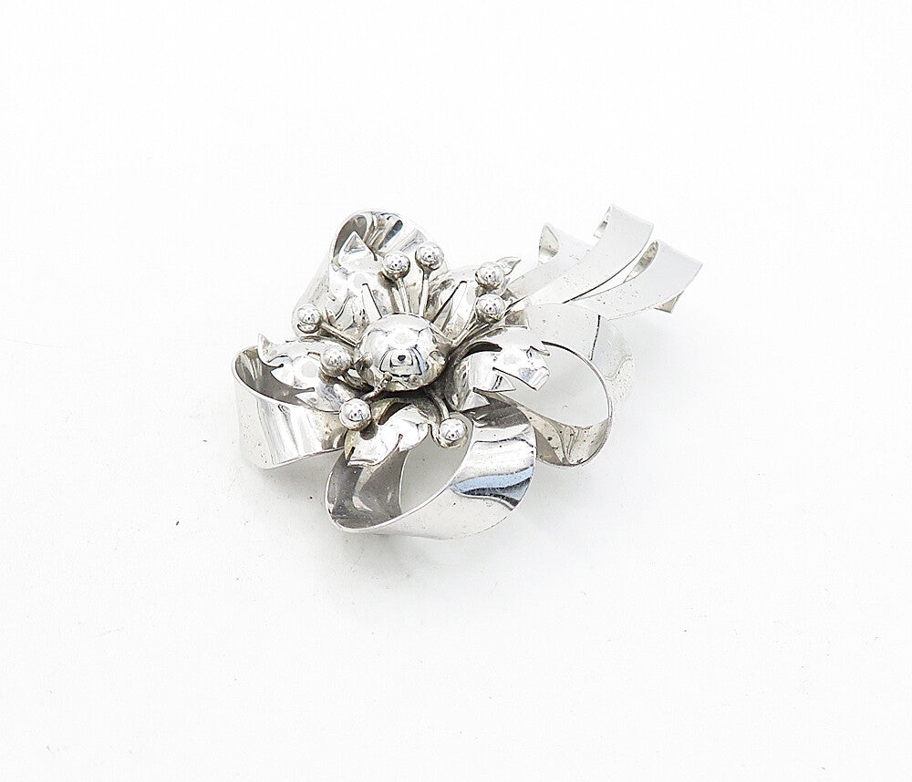 925 Sterling Silver  Vintage Polished Floral Tied Ribbon Brooch Pin  BP1447