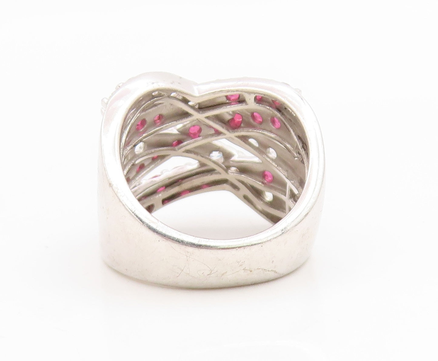 925 Sterling Silver Vintage Ring Pink Topaz & CZ Crossover Band  Sz 7  RG34919