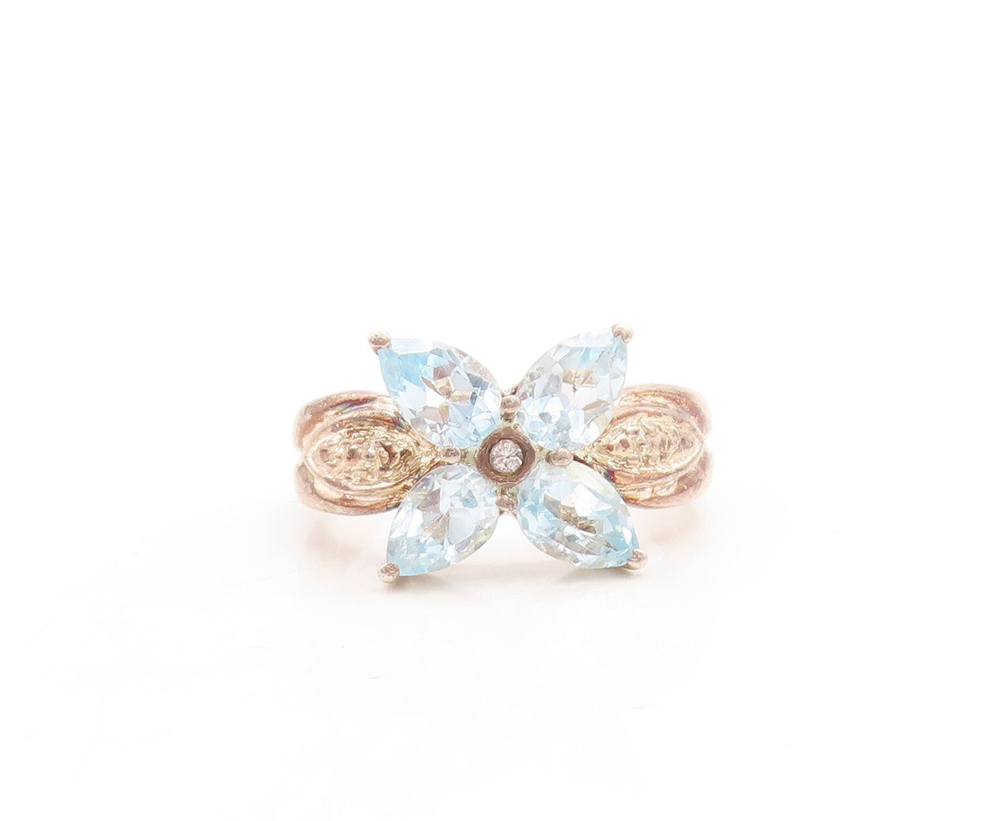 925 Sterling Silver Vintage Ring Drop Cut Blue Topaz Flower  Sz 6  RG31527