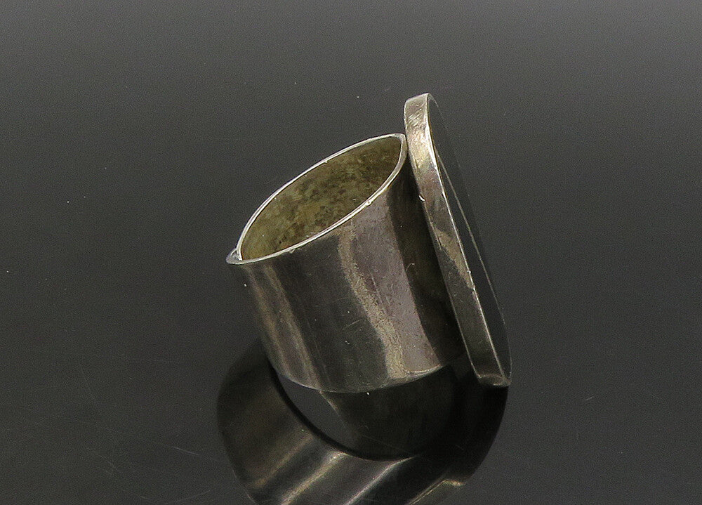 MEXICO 925 Silver  Vintage Inlaid Black Onyx Cocktail Ring Sz 10  RG23312