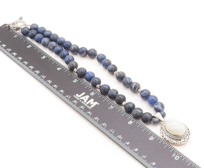 925 Sterling Silver  Vintage Moonstone & Sodalite Beaded Chain Necklace NE1211