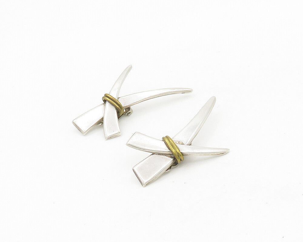 MEXICO 925 Silver  Vintage Two Tone Wrapped Non Pierce Drop Earrings  EG9304