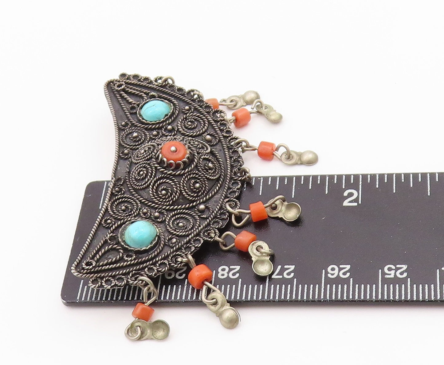 925 Sterling Silver Vintage Brooch ISRAEL Antique Turquoise & Carnelian  BP11653