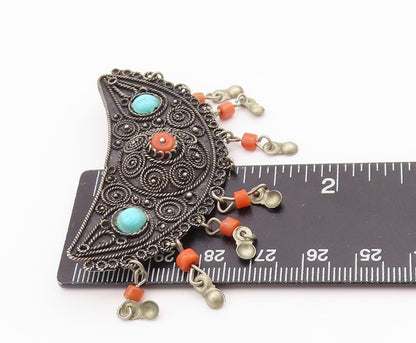 925 Sterling Silver Vintage Brooch ISRAEL Antique Turquoise & Carnelian  BP11653