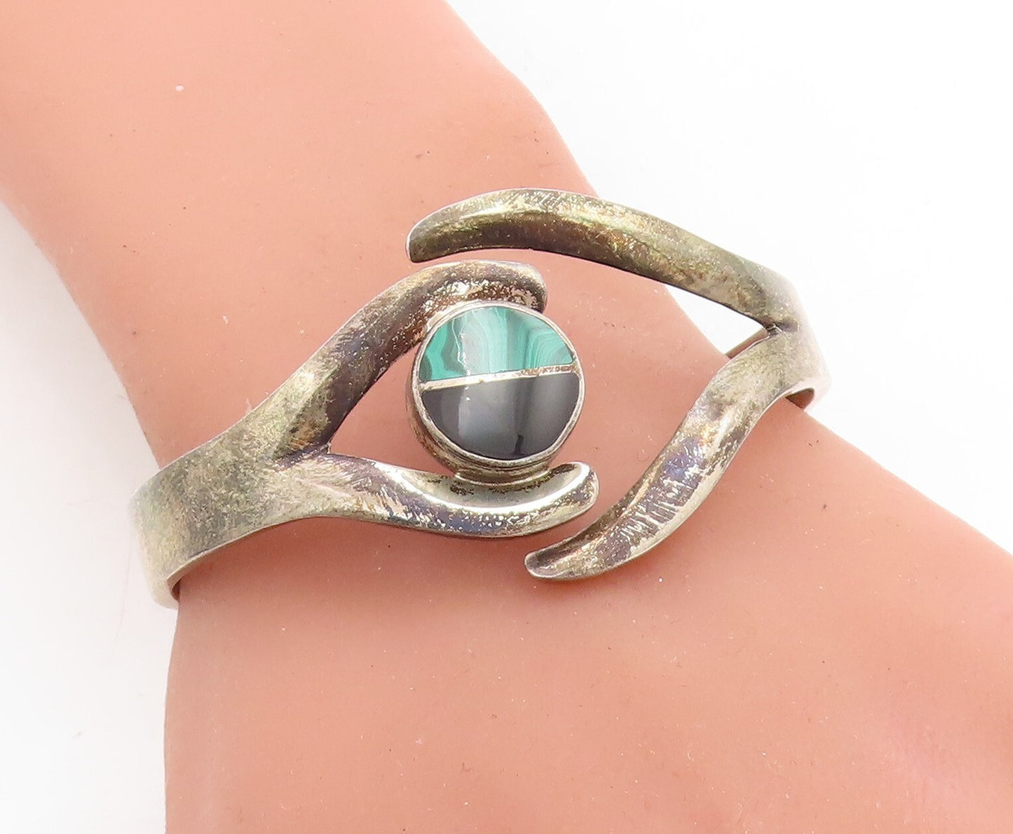 MEXICO 925 Silver  Vintage Black Onyx & Malachite Bangle Bracelet  BT1692