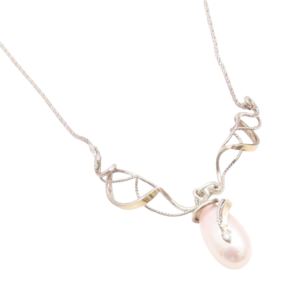 14k Gold & 925 Sterling Silver Vintage Necklace Elegant Pearl & CZ Drop  NE4861