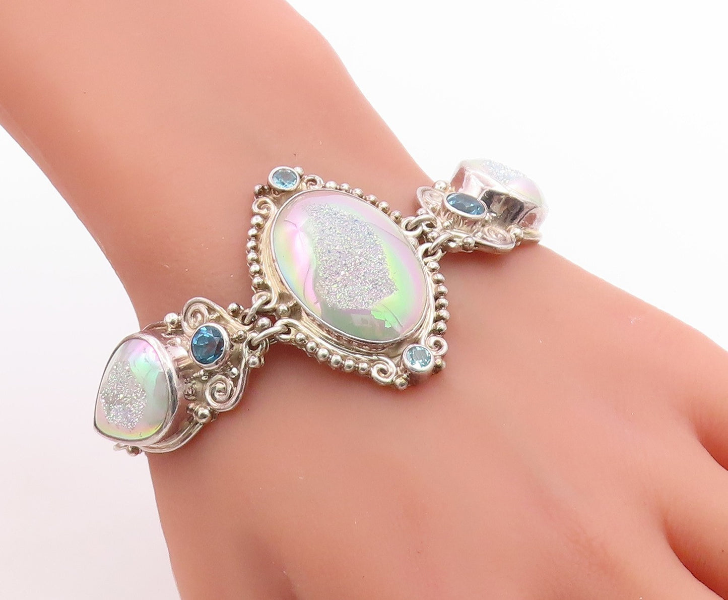 925 Sterling Silver Vintage Bracelet SAJEN Drusy Quartz & Topaz Link  BT12003