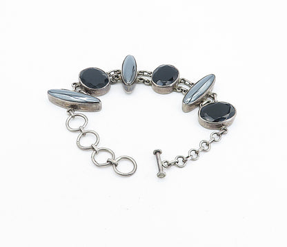 925 Sterling Silver Vintage Hematite Multi Shape Link Chain Bracelet BT3148
