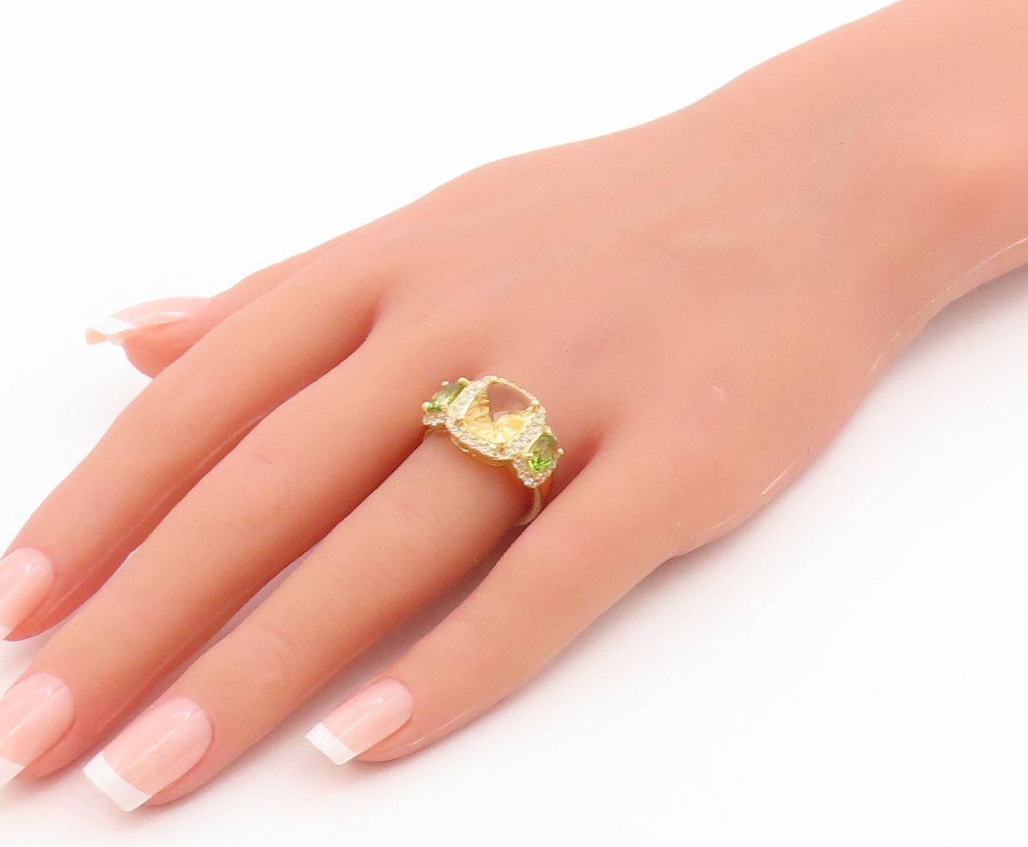925 Sterling Silver Vintage Ring Gold Over Real Diamonds & Gemstone Sz 7 RG35692