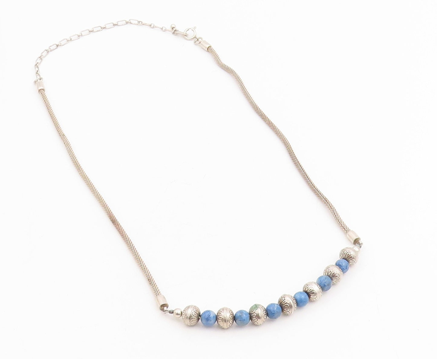 925 Sterling Silver Vintage Necklace Elegant Lapis Lazuli Beaded Choker  NE4771