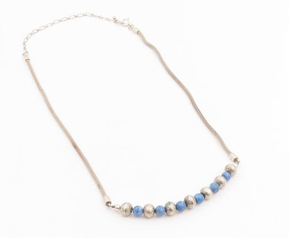 925 Sterling Silver Vintage Necklace Elegant Lapis Lazuli Beaded Choker  NE4771