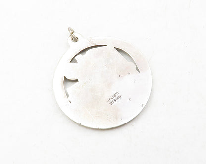 925 Sterling Silver  Vintage Dark Tone Leaders Round Table Pendant  PT9827