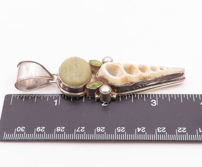 925 Sterling Silver  Vintage Pearls Peridot Jasper & Shell Pendant  PT19697