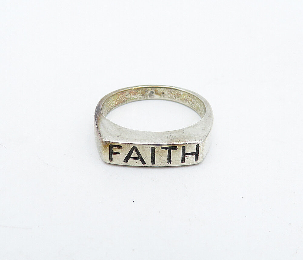 925 Sterling Silver Vintage Faith Stamped Square Dome Band Ring Sz 6 RG4473
