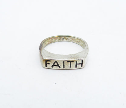925 Sterling Silver Vintage Faith Stamped Square Dome Band Ring Sz 6 RG4473