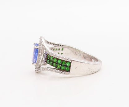 925 Sterling Silver Vintage Ring Oval Sapphire & 2 Tone CZ Band  Sz 8  RG30703