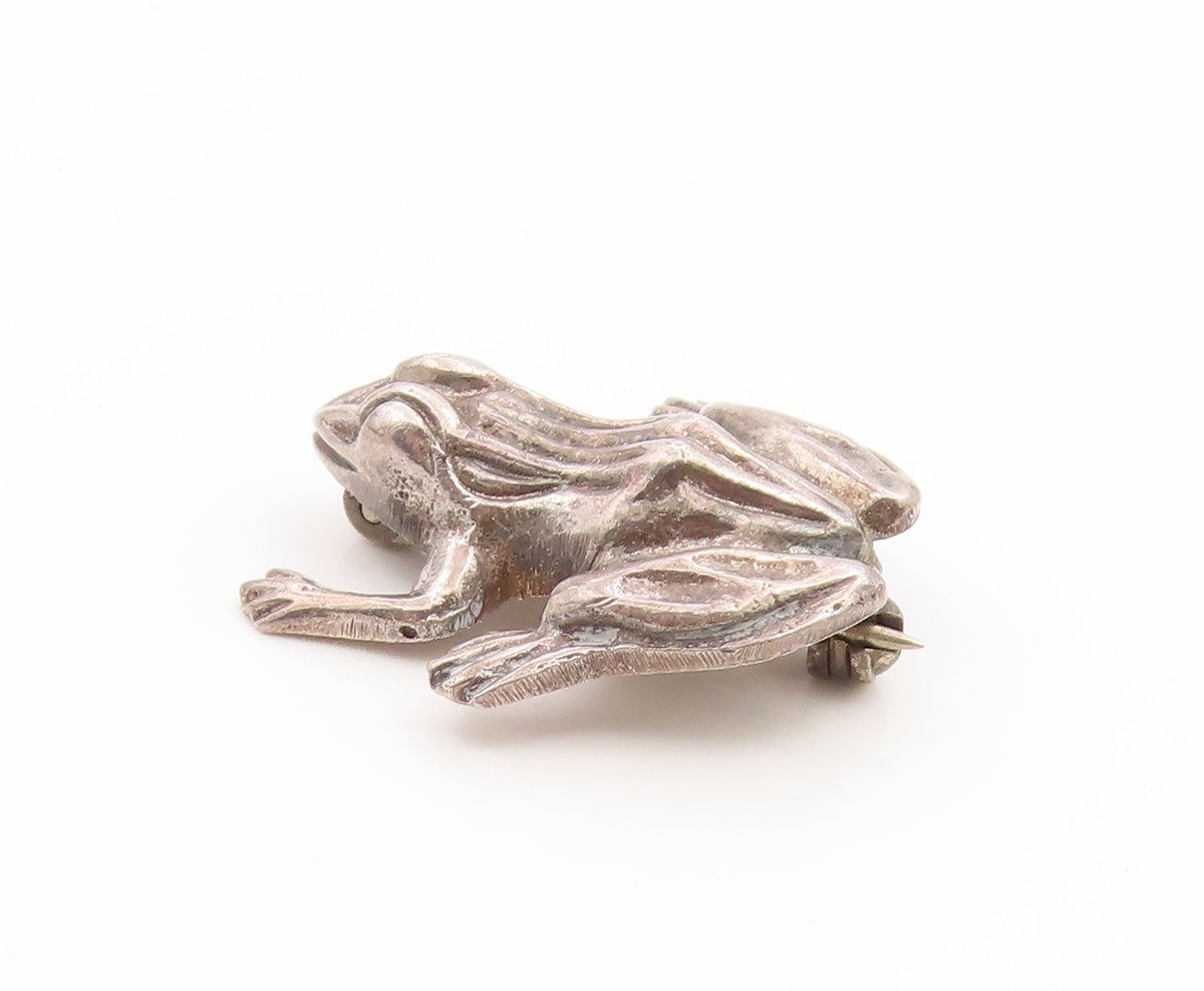 925 Sterling Silver Vintage Brooch Pin Etched Good Luck Leaping Frog  BP12265