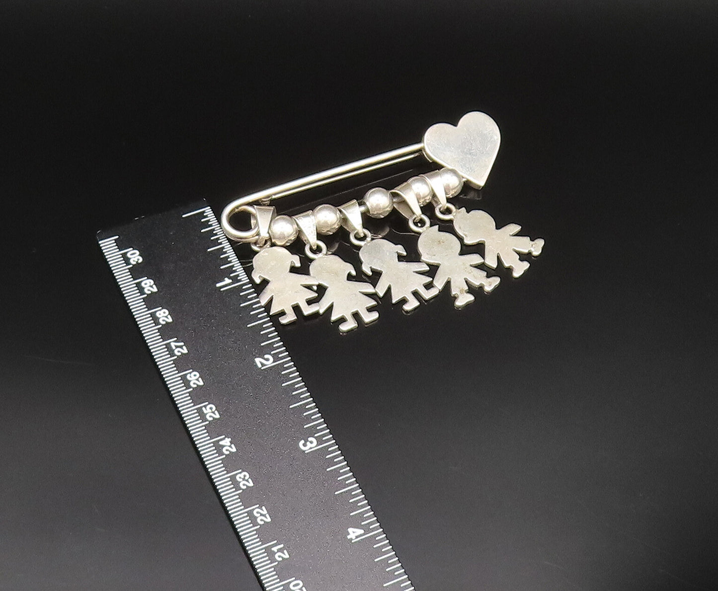 925 Sterling Silver Vintage Bead Ball & Children Charm Heart Safety Pin BP9637