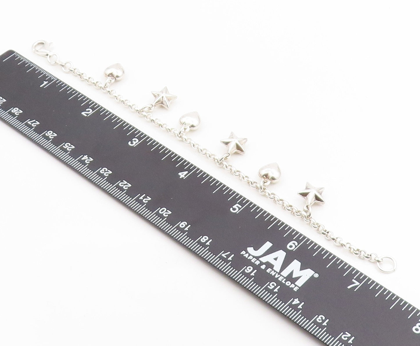 925 Sterling Silver Vintage Bracelet Modernist Love Heart & Star Dangle  BT12047