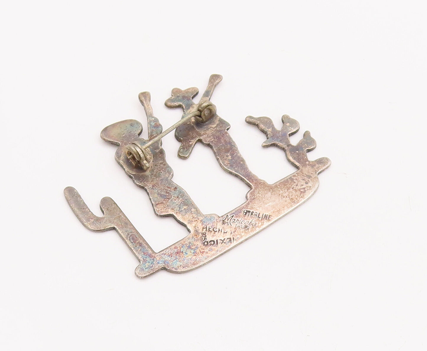 925 Sterling Silver Vintage Brooch Pin MARICELA Cutout 2 Man In Desert  BP11136