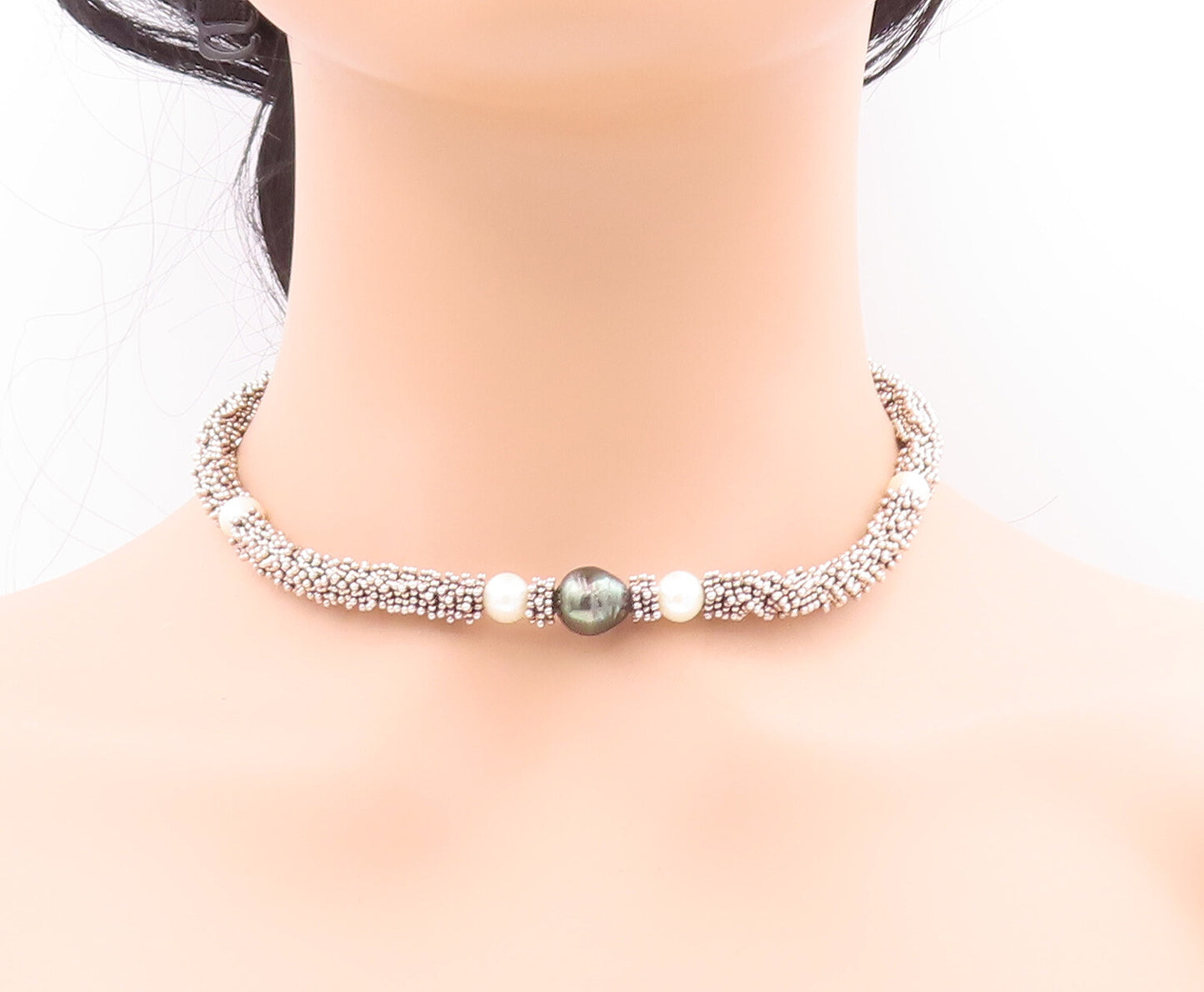 925 Sterling Silver Vintage Necklace DEBORAH ARMSTRONG Carved Pearls  NE4297