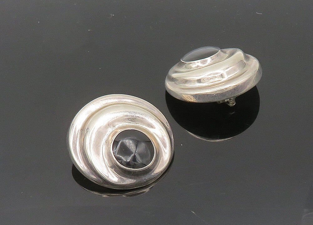 MEXICO 925 Silver  Vintage Black Onyx Shiny Non Pierce Earrings  EG10169