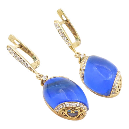 925 Sterling Silver Vintage Earrings Gold Plated Sapphire & CZ Drop  EG14242