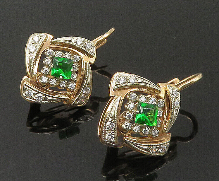 10K GOLD  Vintage Diamond Shaped Green & White Sapphire Royal Earrings  GE145