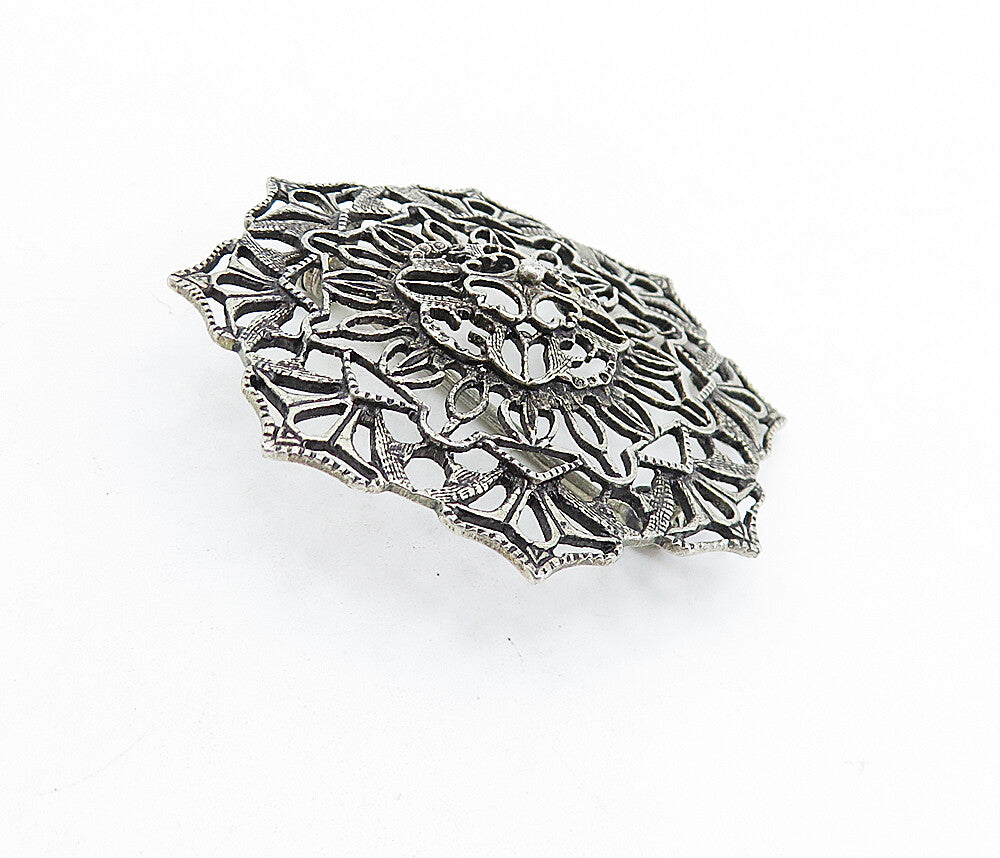 925 Sterling Silver  Vintage Dark Tone Round Floral Design Brooch Pin  BP2188