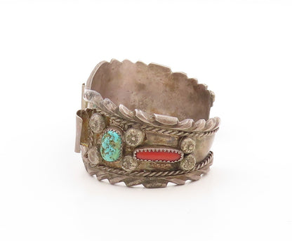 925 Sterling Silver Vintage Watch Cuff NAVAJO ZUNI Carved Turquoise  TR3820