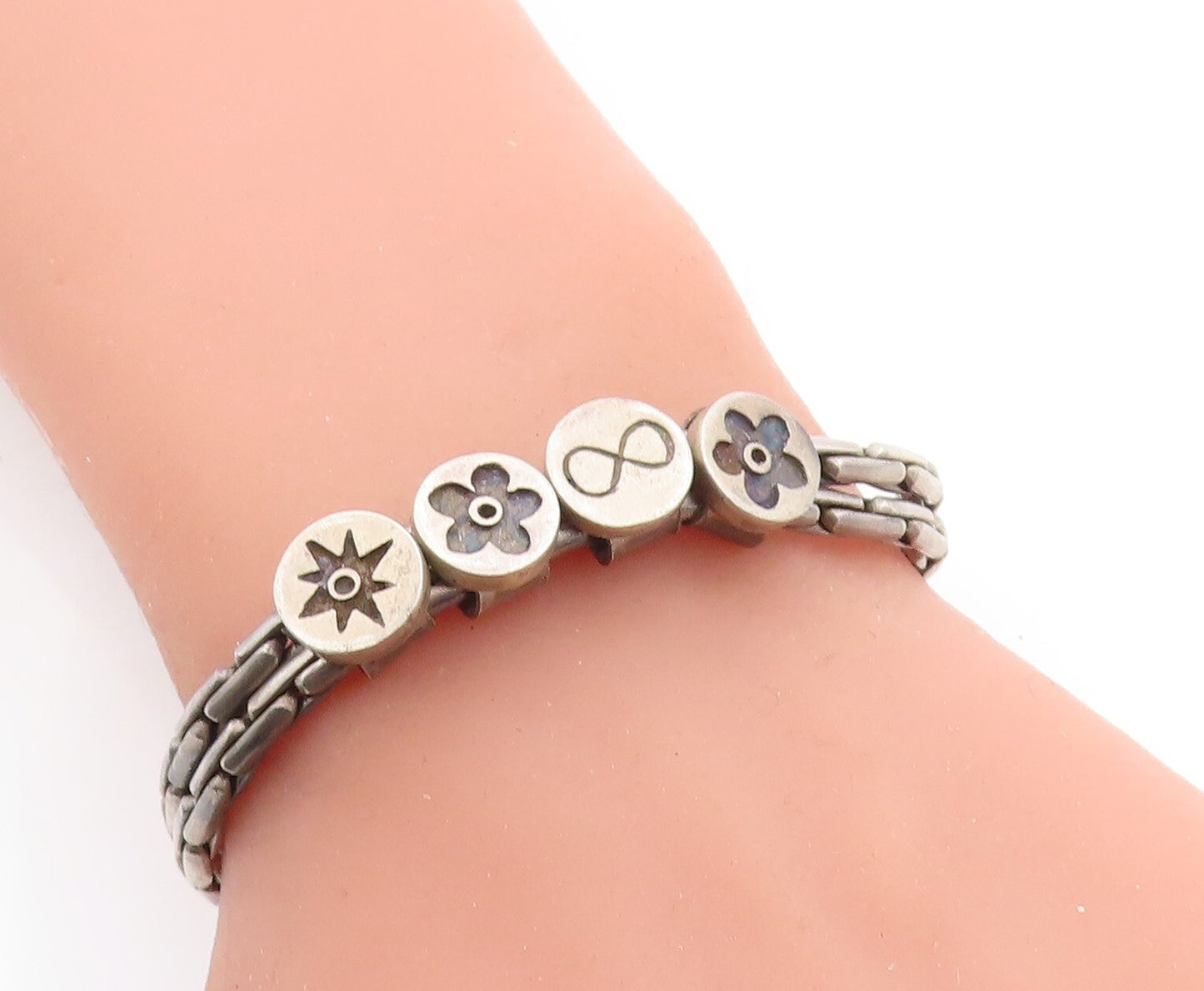 925 Sterling Silver  Vintage Antique Oxidized Flowers Chain Bracelet  BT2490